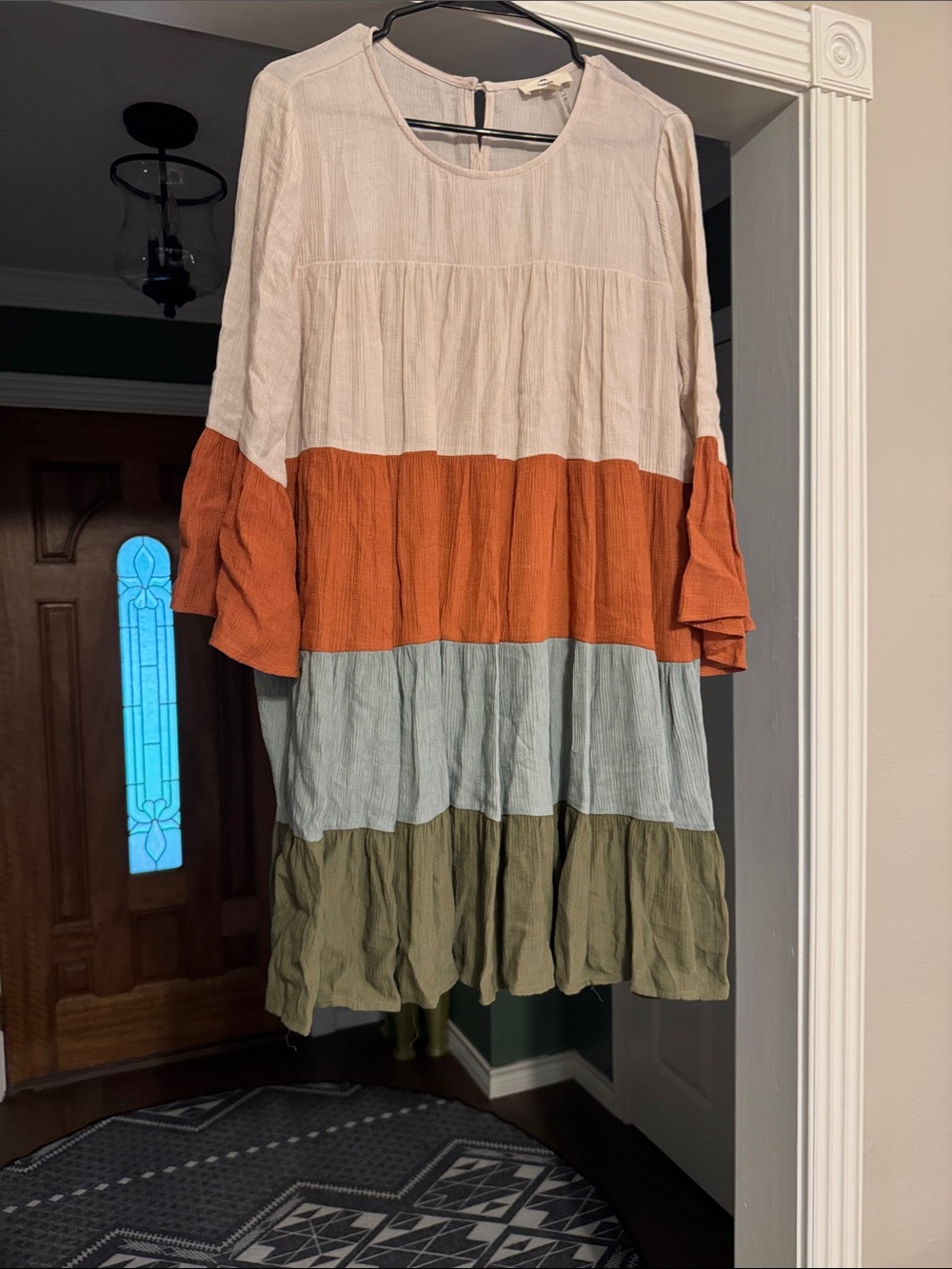 Entro Colorblock Tiered Babydoll Dress in Cream, Rust, Light Blue & Olive